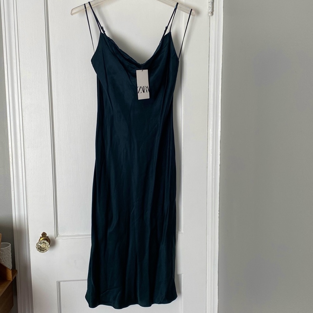 Zara small slip dress dark green new with tags